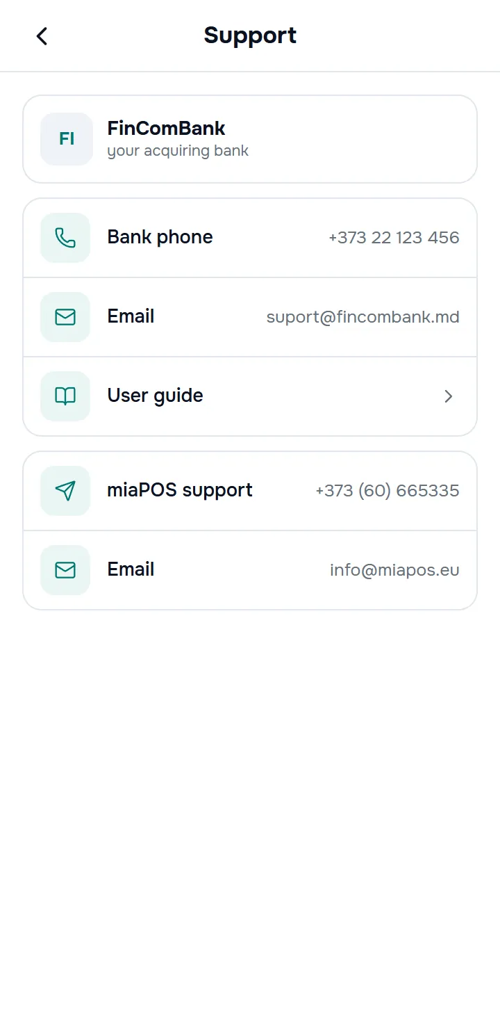the “Support” screen — the bank card with the logo and “your acquiring bank”, the Bank phone / Email rows, the “miaPOS support” block with phone and email.