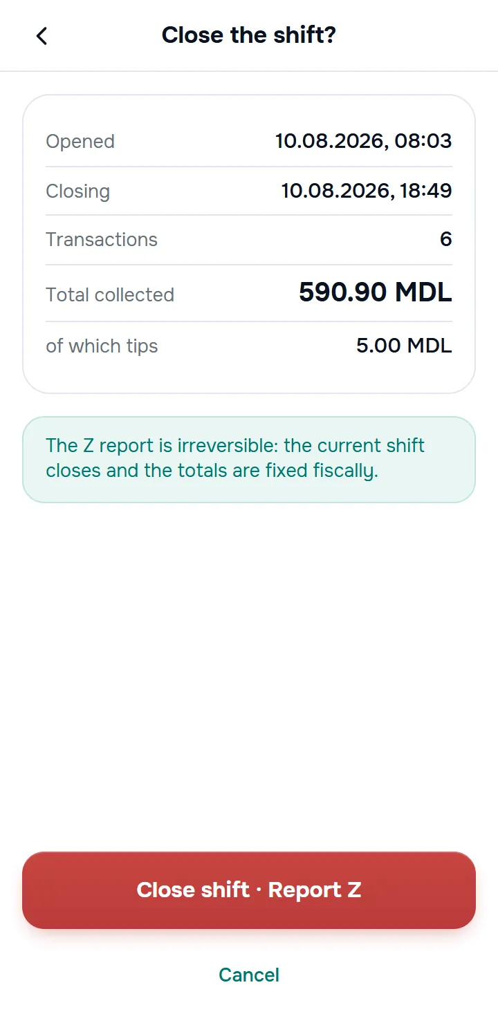 the “Close the shift?” screen — the Opened / Closing / Transactions / Total collected / of which tips rows, the panel about the Z report, the red “Close shift · Report Z” button.