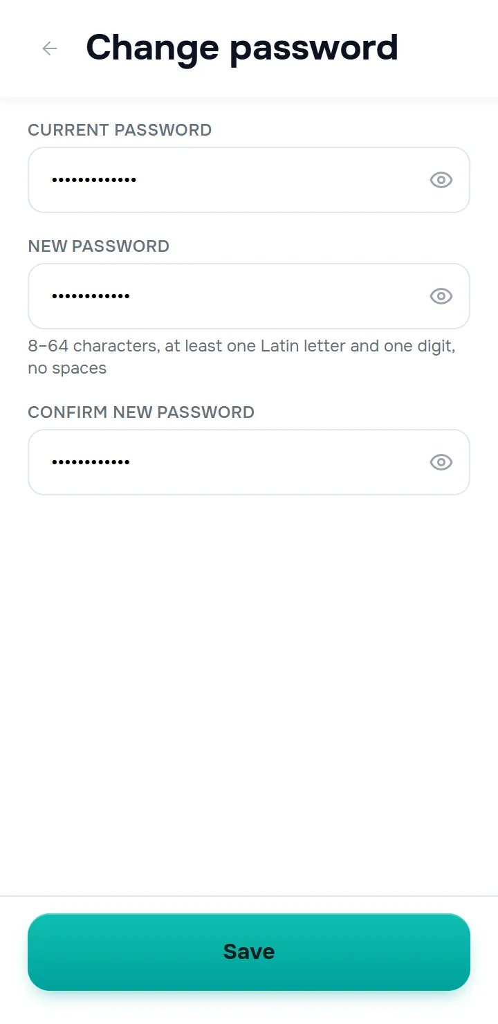the “Change password” screen — the Current password / New password / Confirm new password fields, the hint with the requirements, the “Save” button.