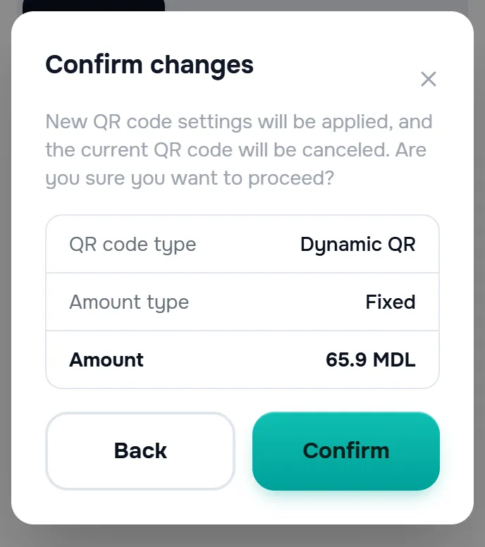 the changes-confirmation window — the text about cancelling the current QR code and the table with the active code’s details (type, amount type, amount).