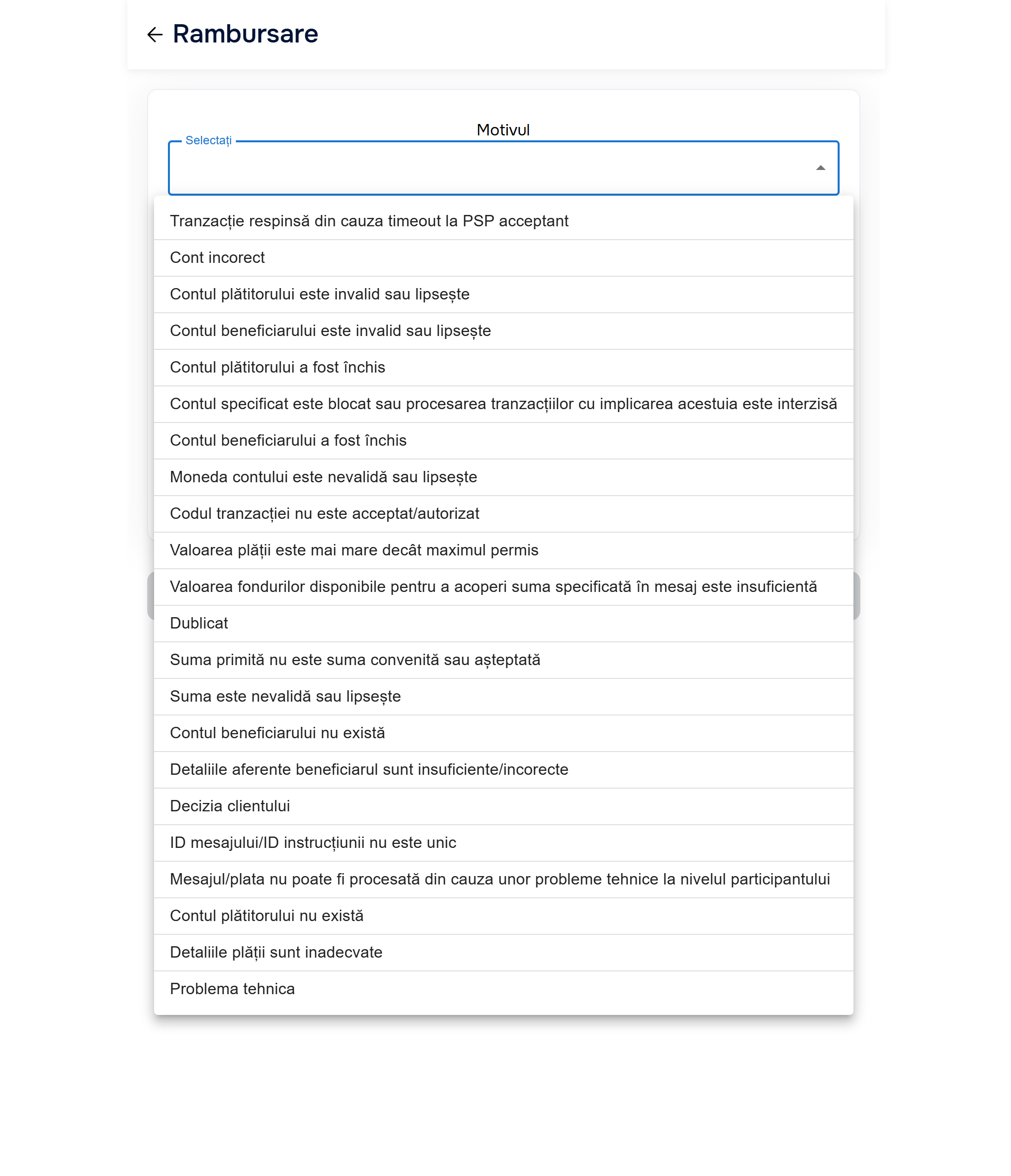Open dropdown — full refund reason list