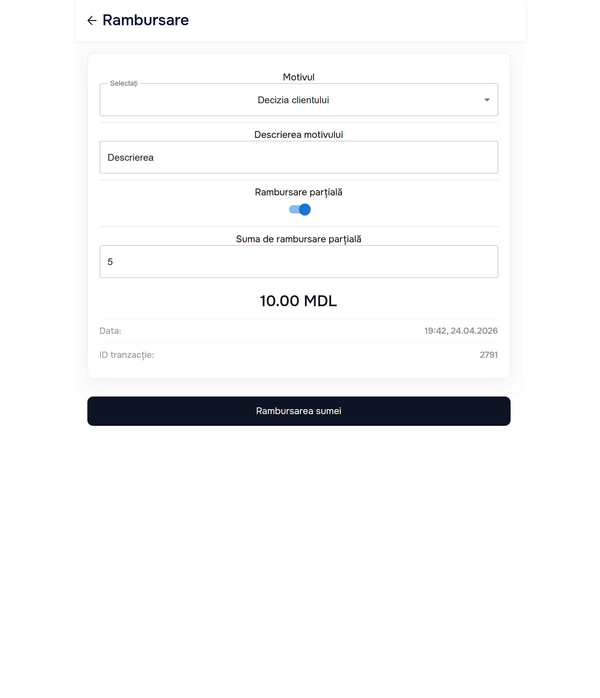 Partial refund toggle active + Amount field + ID 2791