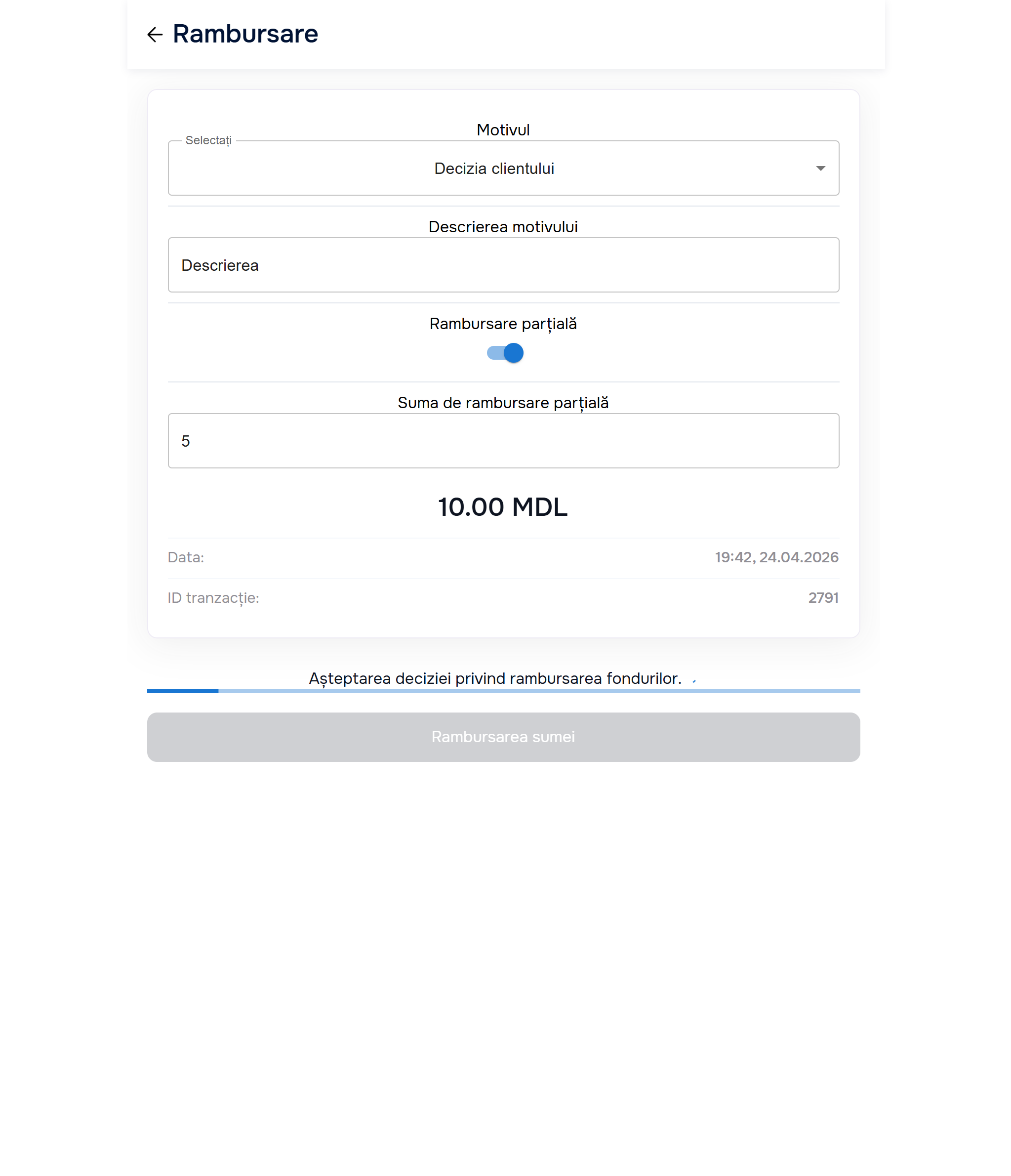 Status text “Waiting for the funds-refund decision” + progress bar