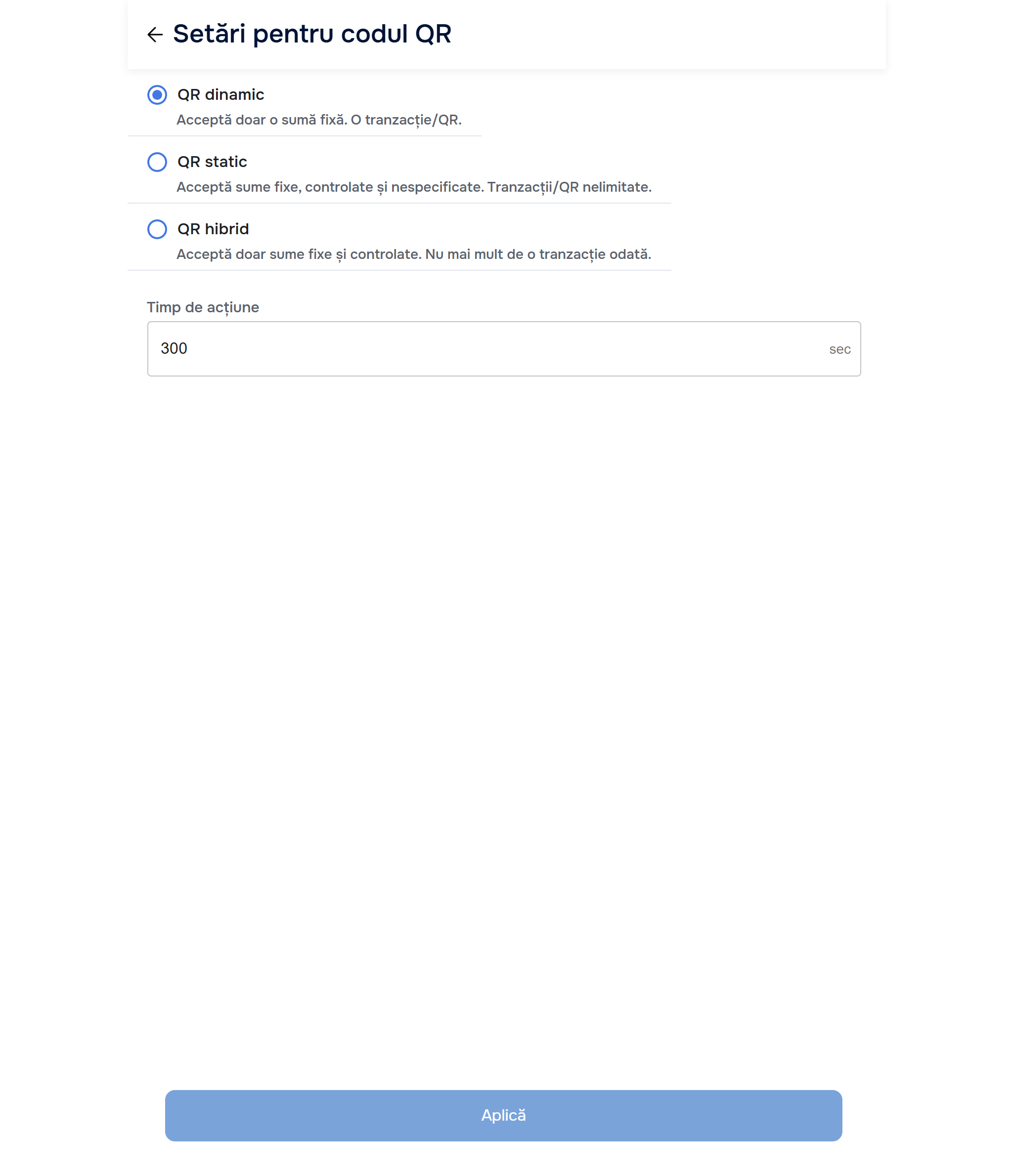 QR settings — Static QR selected + Fixed/Controlled/Unspecified sub-options