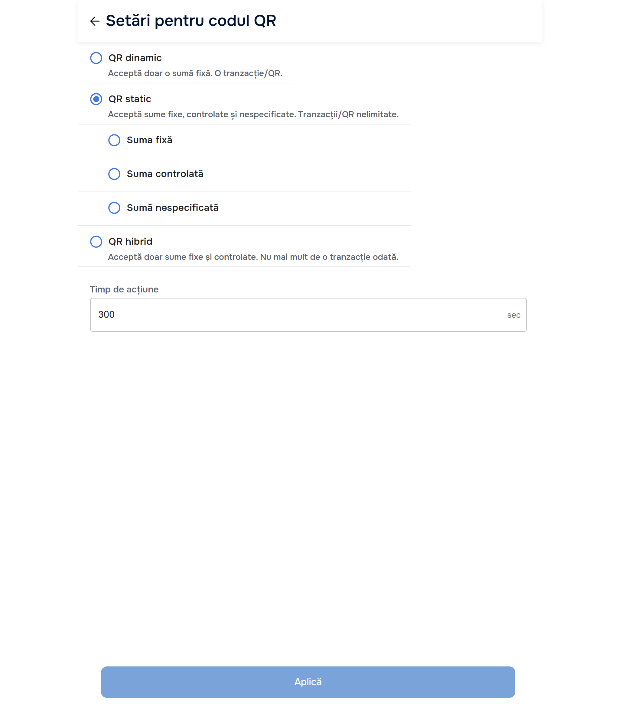QR settings — Hybrid QR selected + Fixed/Controlled sub-options