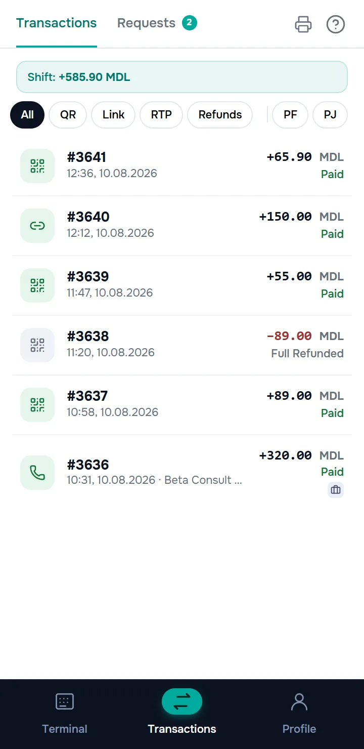 the transaction list with the “Shift: +… MDL” bar, the filter chips (All / QR / Link / RTP / Refunds, PF / PJ), the printer and “?” buttons on the tab bar, and a few rows with amounts and statuses.