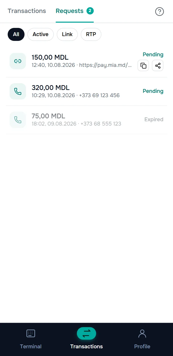 the “Requests” tab with the All / Active / Link / RTP chips and a few rows — a pending link with the copy/share buttons, an expired request.