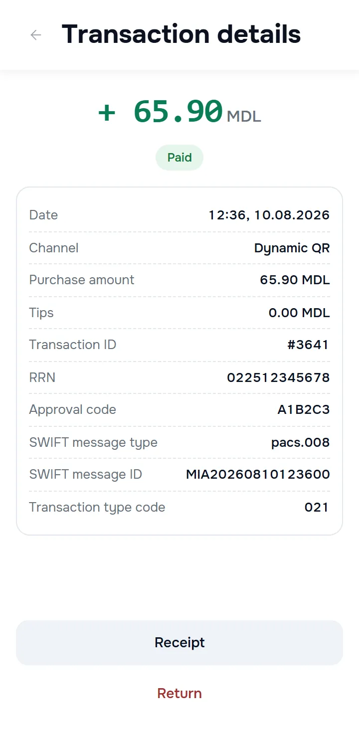 the “Transaction details” screen of a successful payment — the green amount with “+”, the status pill, the card with the data rows, the “Receipt” and “Return” buttons at the bottom.