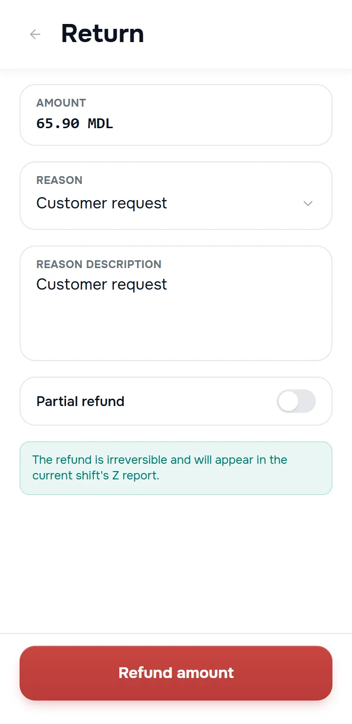 the refund screen — the “Amount” card with the transaction amount, the “Reason” selector, the “Reason description” field, the “Partial refund” switch off, the red “Refund amount” button.