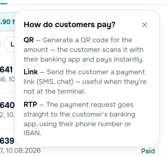 the “How do customers pay?” window opened from the “?” button — three short lines about QR, Link and RTP.