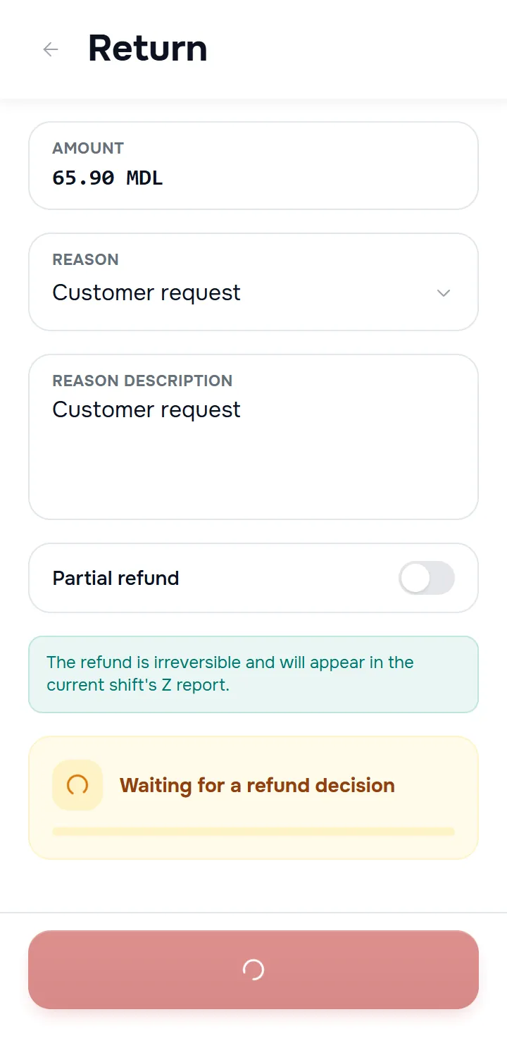 the return screen with the yellow “Waiting for a refund decision” card — spinner and progress bar.