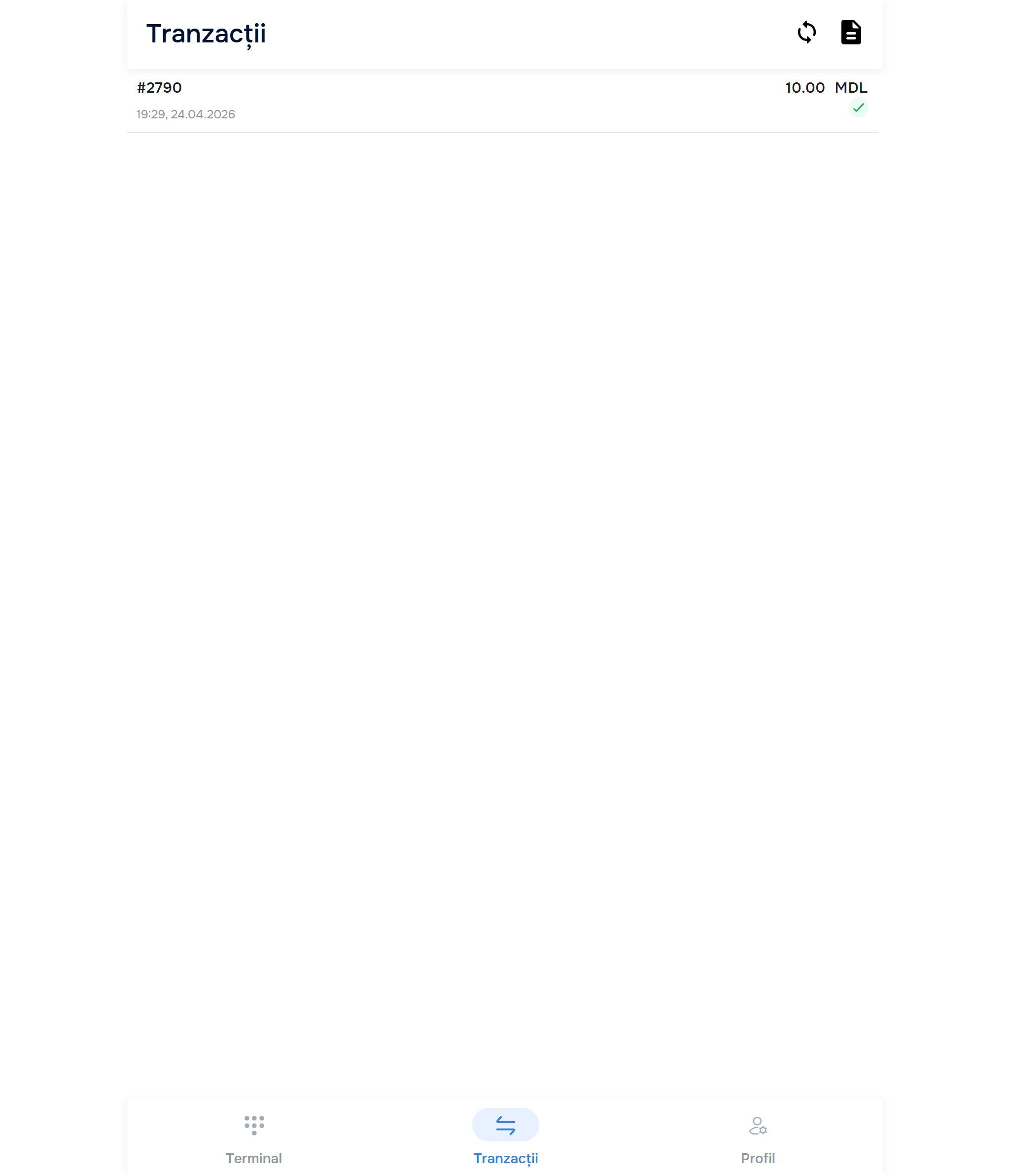 Transactions list with one completed transaction