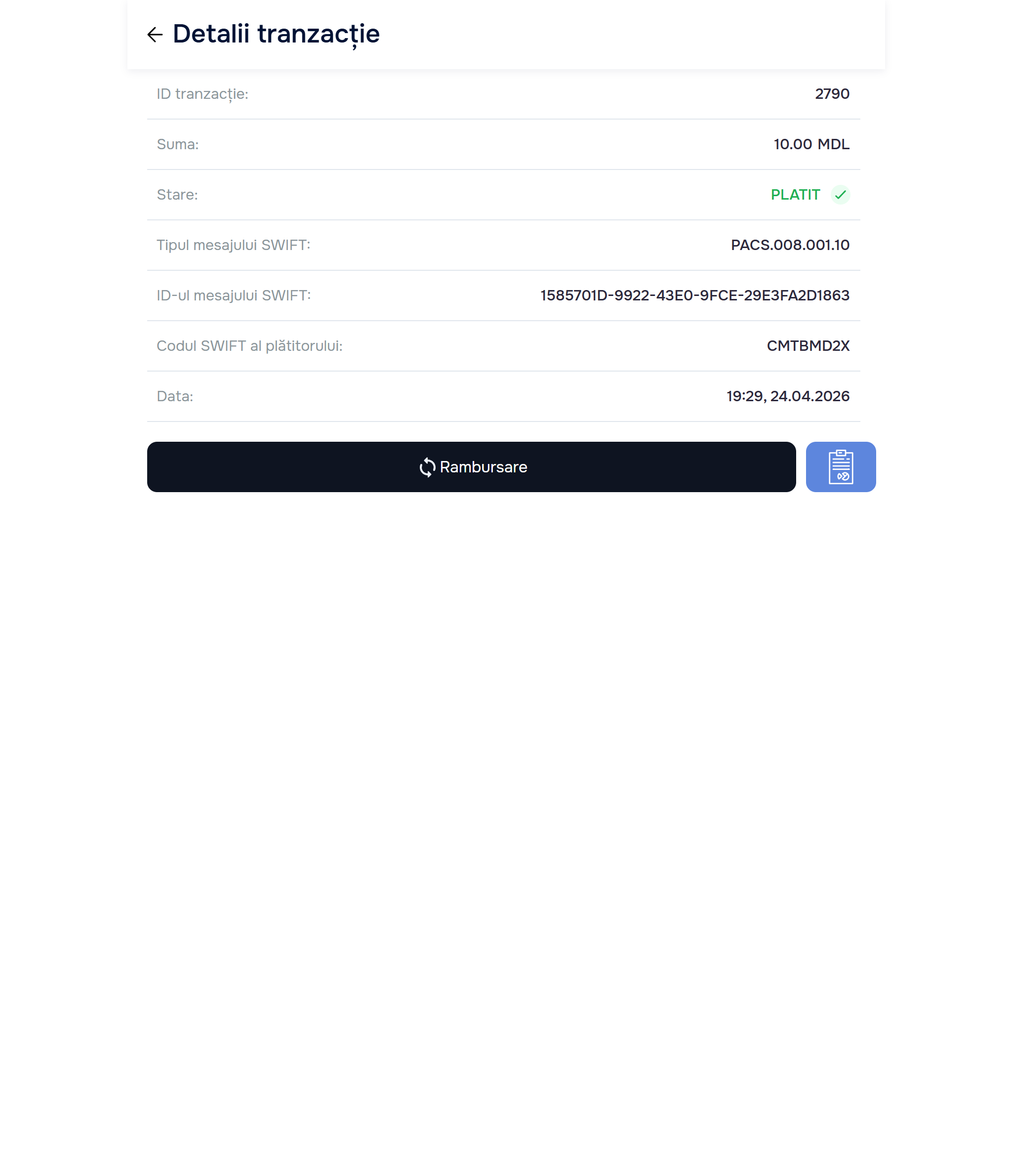 Transaction detail #2790 PAID — Refund button + receipt